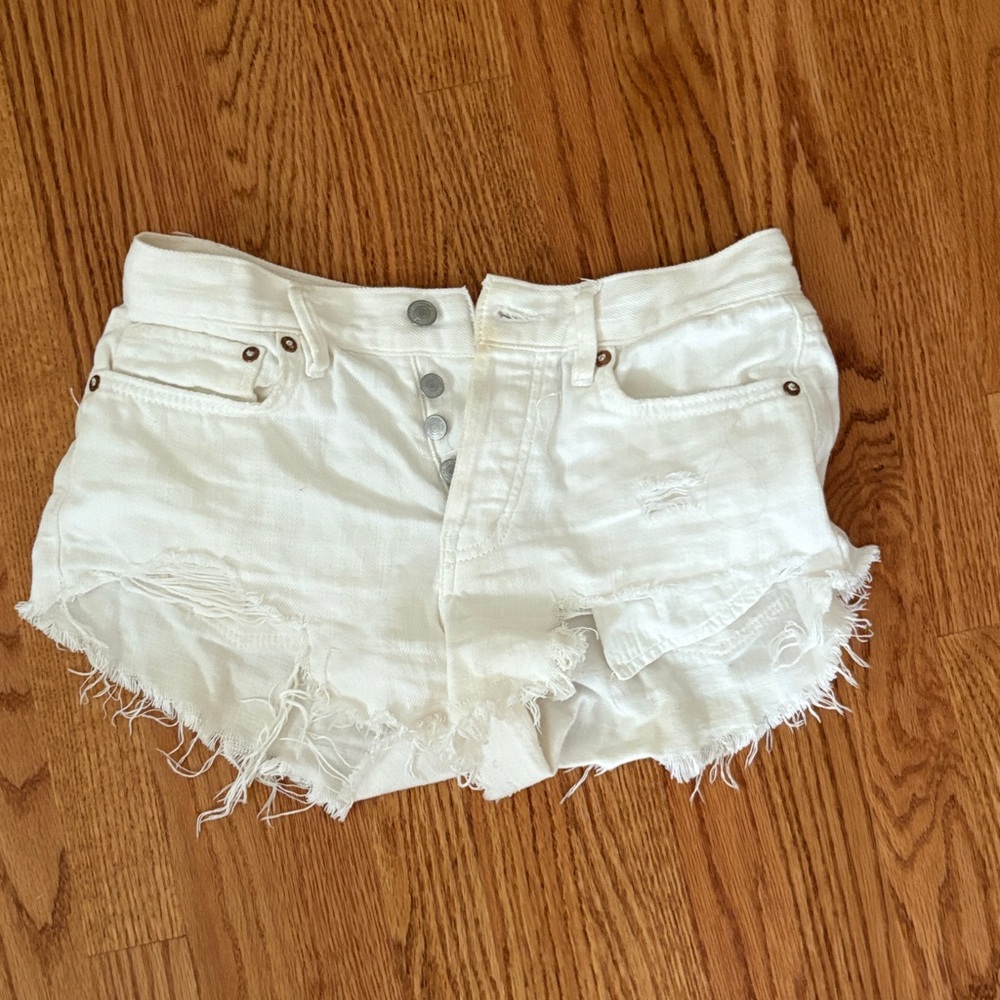 Free People Cream Distressed Jean Shorts
